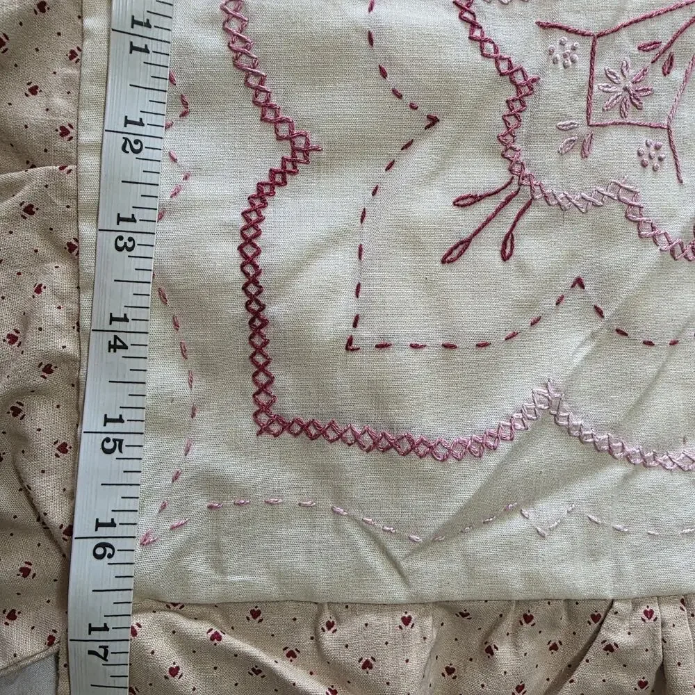 Amish Handmade Embroidered Pillow Cover 16x16 Pink Hearts Ruffle Cottagecore